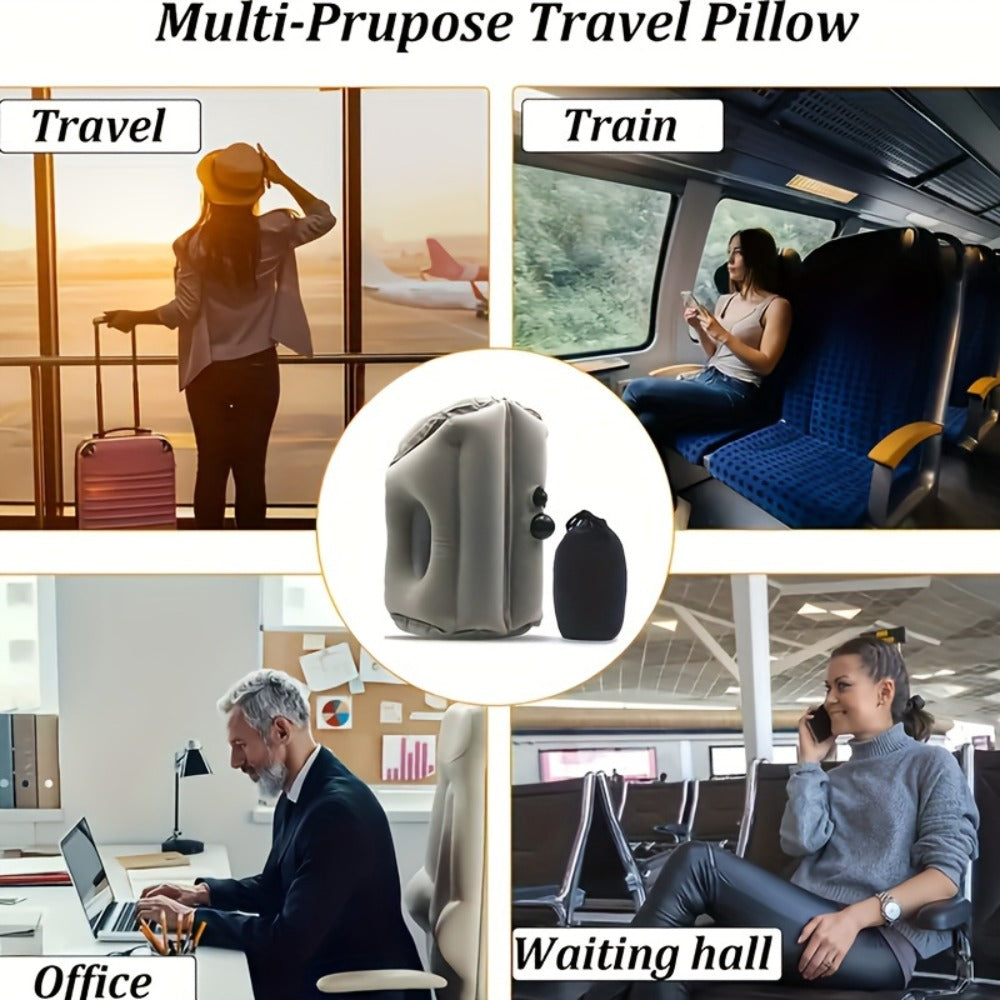 Grey Inflatable Forward-Leaning Travel Pillow with Face Opening, Arm Access, Carry Case and 37 × 32 × 26 cm Label