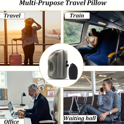 Grey Inflatable Forward-Leaning Travel Pillow with Face Opening, Arm Access, Carry Case and 37 × 32 × 26 cm Label