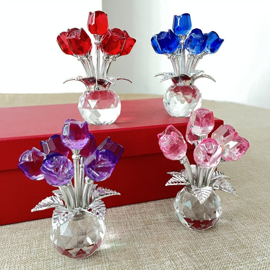 Glass Rose Sculpture Floral Home Decor – Sparkling Leaves Art Figurine for Bedroom, Living Room, Valentine's Day Gift