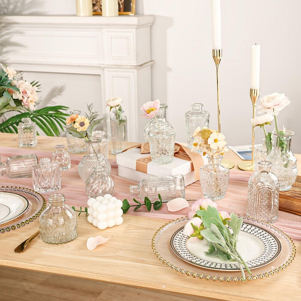 64-Piece Clear Glass Bud Vase Set in Mixed Small Shapes and Sizes for Wedding Tables and Home Displays
