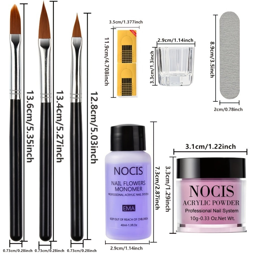 Acrylic Nail Kit NOCIS Four 10g Pink, Mauve and Glitter Powders with Liquid Monomer, Three Brushes and File