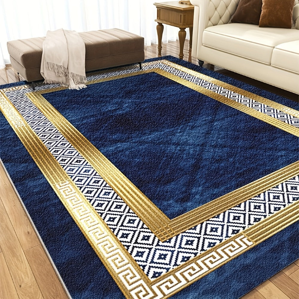 Navy Blue and Gold Geometric Area Rug with Four Exact Rectangular Size Options for Living Spaces