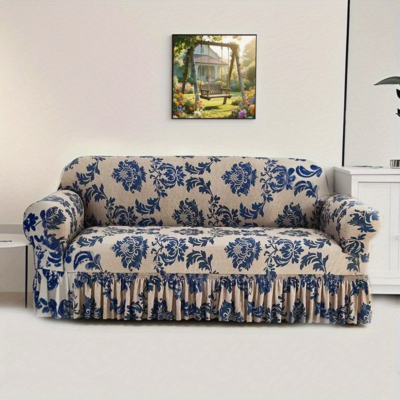 Sofa Slipcover, Dark Blue Stretch Cover with Ruffle Skirt, Fixed Rod and One-to-Four-Seat Options