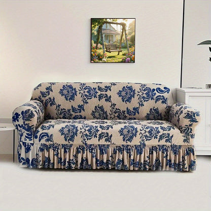 Sofa Slipcover, Dark Blue Stretch Cover with Ruffle Skirt, Fixed Rod and One-to-Four-Seat Options