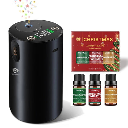 Waterless Essential Oil Diffuser Nebulizer – 4 Mist Levels, 1/2/3/4/6H Timer, Auto-Off, Battery Operated Mini Scent Machine for Home Car Bedroom Hotel, Essential Oil Bundles (Silver & Black)