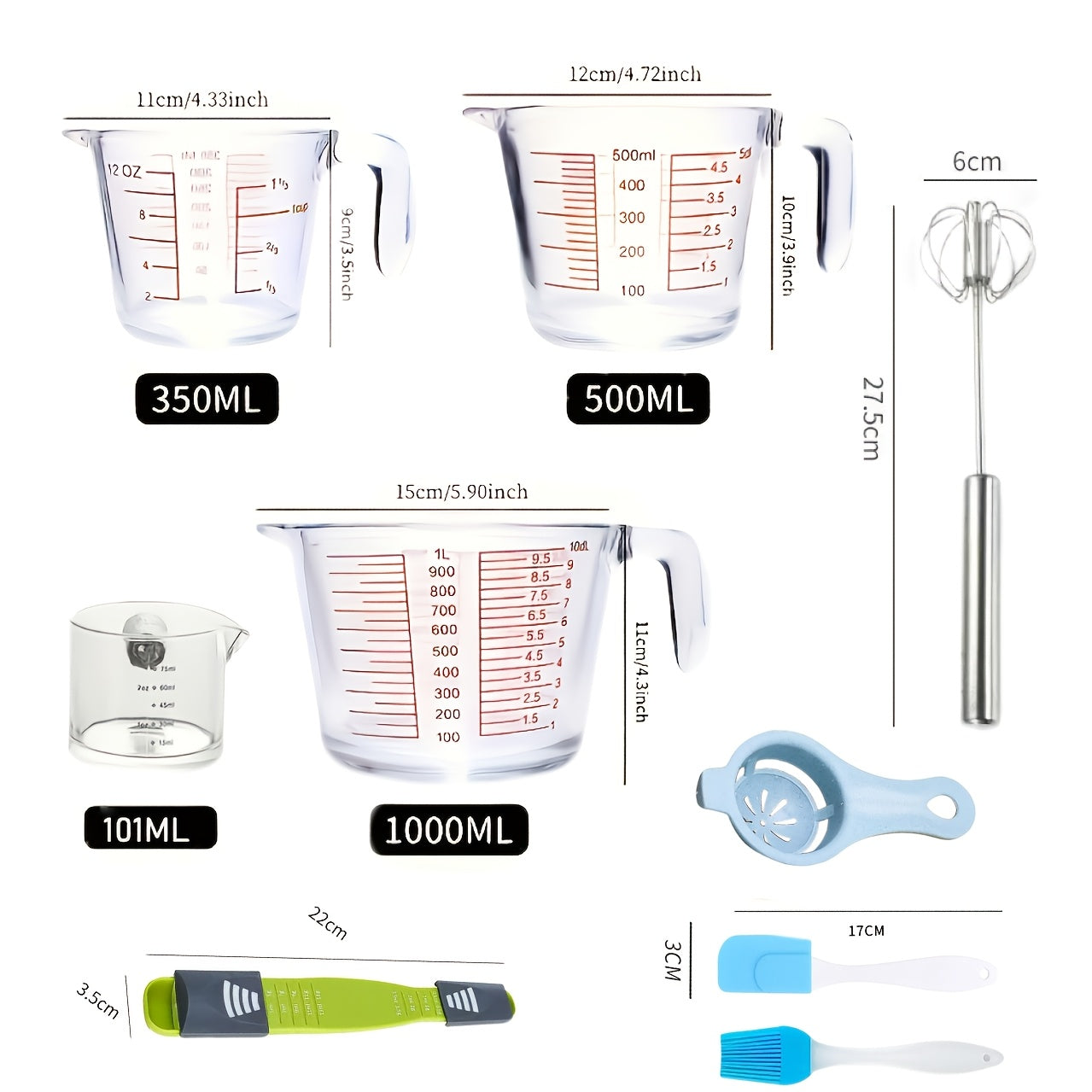 Clear Glass Measuring Cup Bundle with Four- or Nine-Piece Options, Pour Spouts, Handles and Baking Accessories