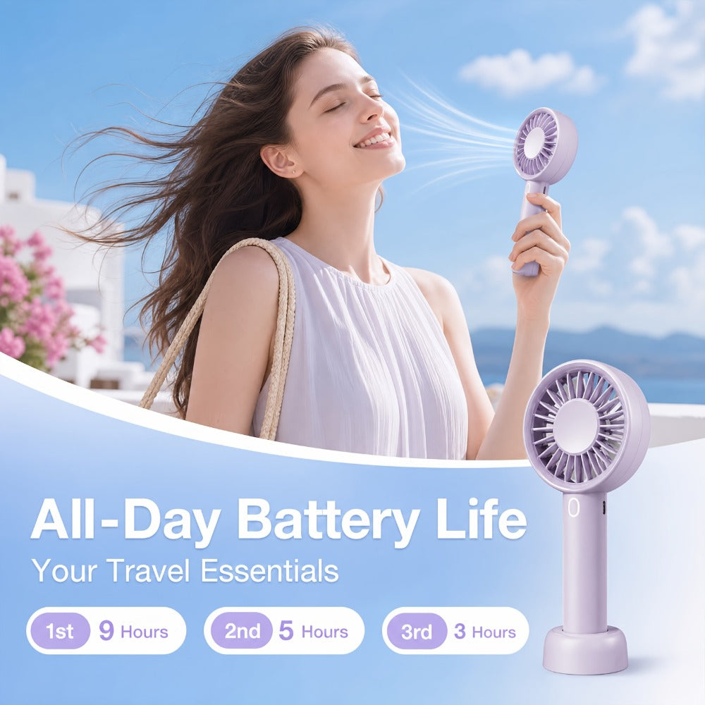Pocket-Size Handheld Fan with Three Speeds, USB-C Charging, Wrist Strap and Three Color Options