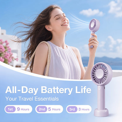 Pocket-Size Handheld Fan with Three Speeds, USB-C Charging, Wrist Strap and Three Color Options