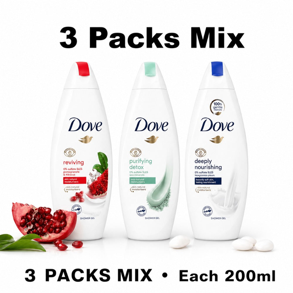 Compact Three-Pack Dove Body Wash Assortment with 200ml Flip-Cap Bottles in Mixed Label Colors