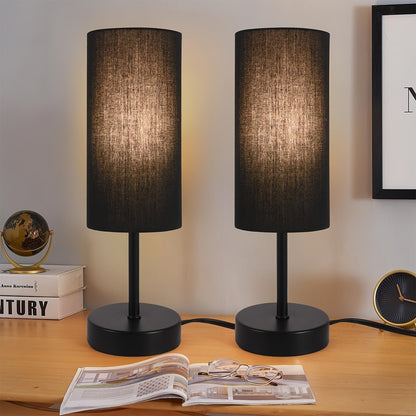 Table Lamp Set of Two with Linen Drum Shades, Cord Switches, 5W 3000K LED Bulbs and Two Color Options