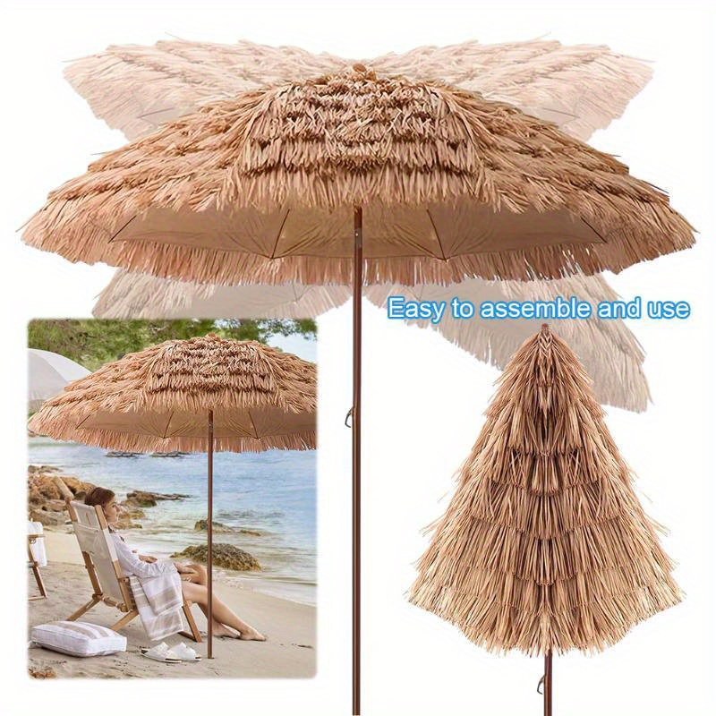 Patio Umbrella 7.5FT Thatch-Style Tiki Design with Steel Pole, Iron Frame, Push Tilt and UV Shade