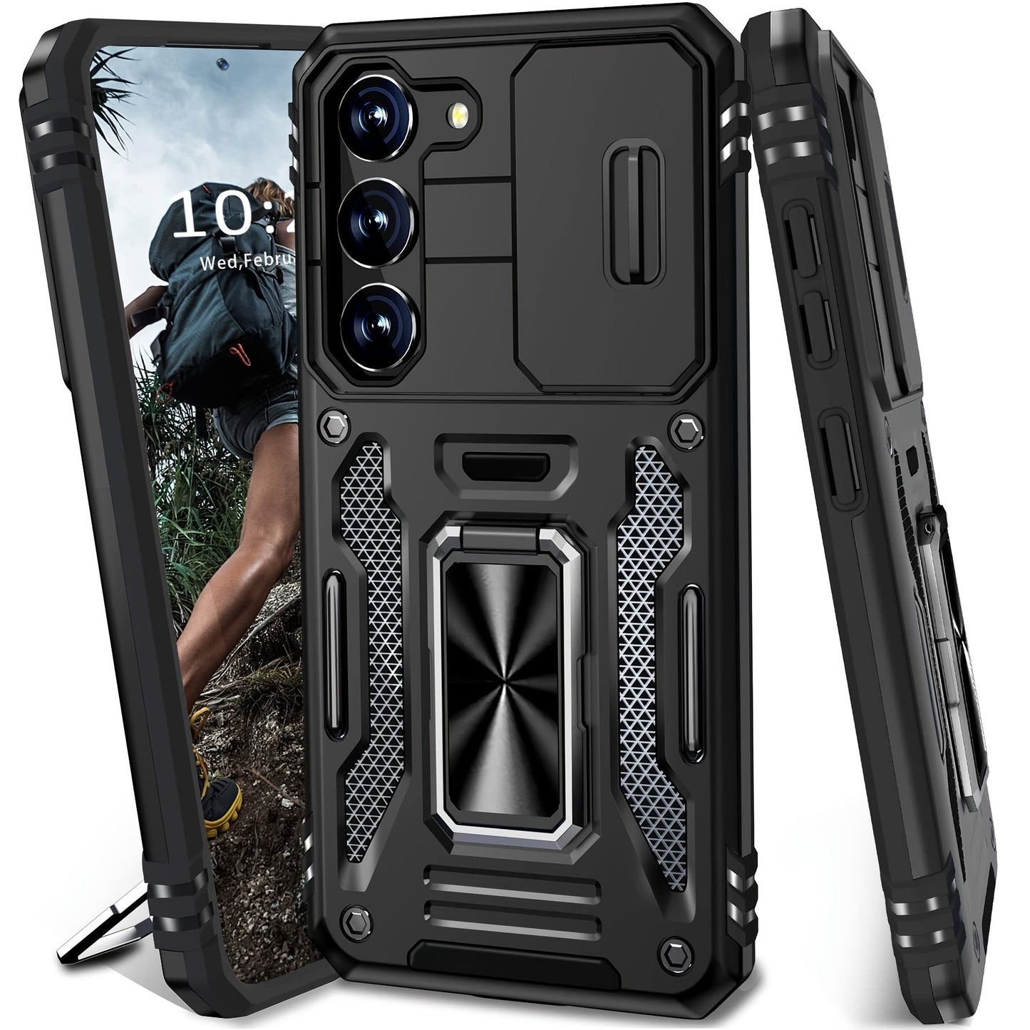 Samsung Galaxy Shockproof Magnetic Phone Case with 360° Rotating Ring Bracket & Sliding Lens Protector – Heavy Duty Cover for S24FE S23FE S22 S21FE Ultra A55 A54 A35 A34 A25 A24 A16 A15 A14 A06 A05 A05S 5G