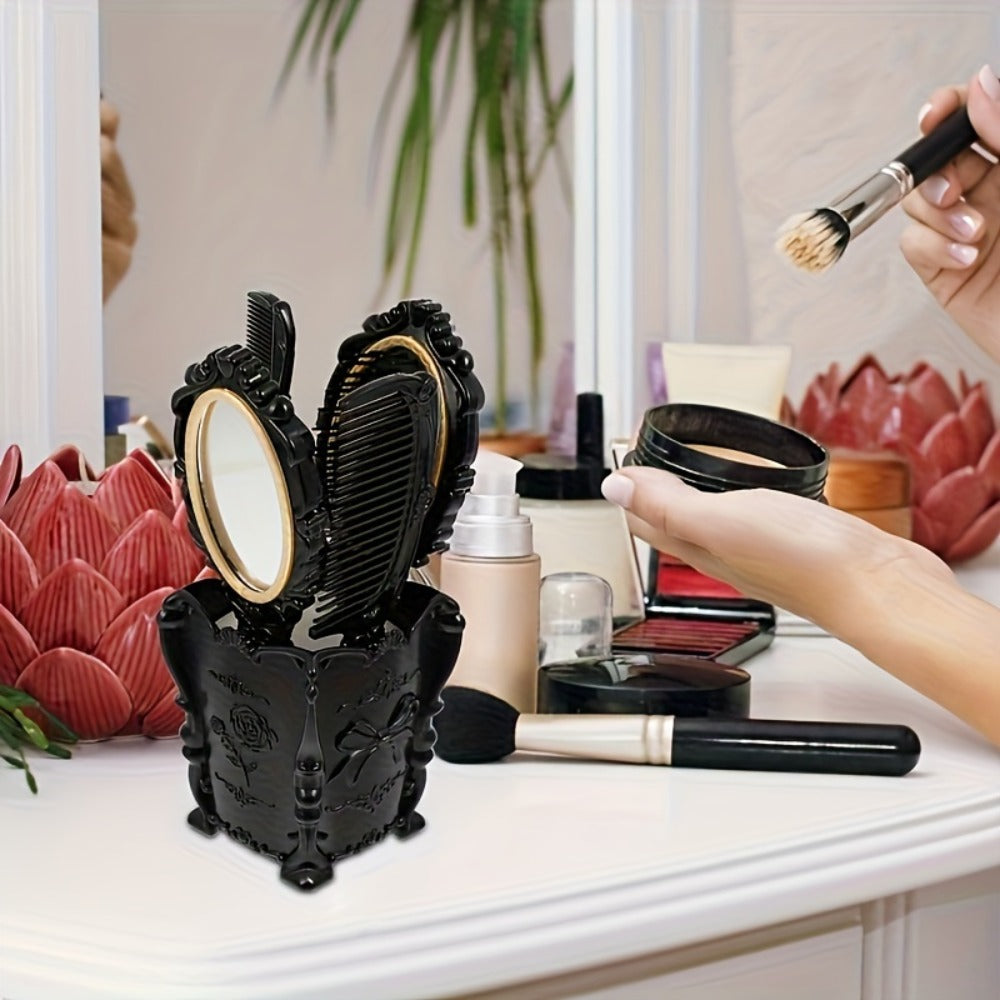 Retro Hair Comb Set with Mirror Scalp Massage Hairbrush Pocket Mirror Vintage Vanity Brush Set for Women Girls Travel Daily Grooming Makeup Gift Black