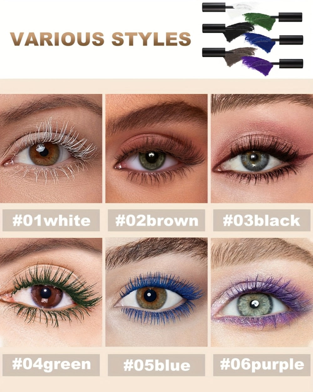 YTRUNS Colored Mascara in Six Shades from White and Brown to Black, Green, Blue or Purple with Curved Wands