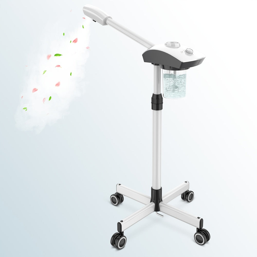 Rolling Facial Steamer with White Five-Wheel Stand, Removable 250 ml Tank and Preset Timer Controls