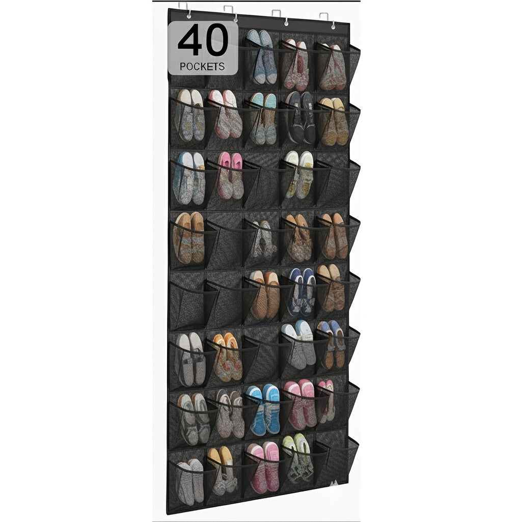Over the Door Shoe Organizer 40 Pockets with 4 Hooks – Durable Fabric Hanging Shoe Storage for Closet, Entryway & Bedroom – Space-Saving Door Shoe Rack in Gray, White & Black