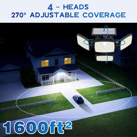 Solar Outdoor Motion Sensor Light 4-Head 3000LM – 270° Wide Angle, 3 Modes, IP65 Waterproof, Remote Control, Solar Flood Light for Garden Backyard Garage Wall Yard, 1/2/4 Pack