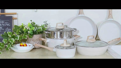 Black or White Nonstick Cookware Set with Frying Pans, Lidded Pots and Wood-Look Handles for Home Kitchens