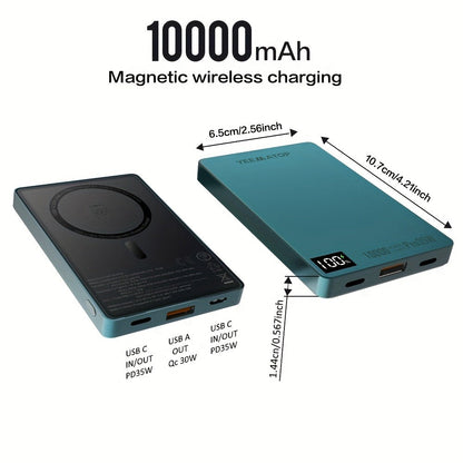 10000mAh Thin Magnetic Power Bank with 35W USB-C and 30W USB-A Port Markings in Four Colors