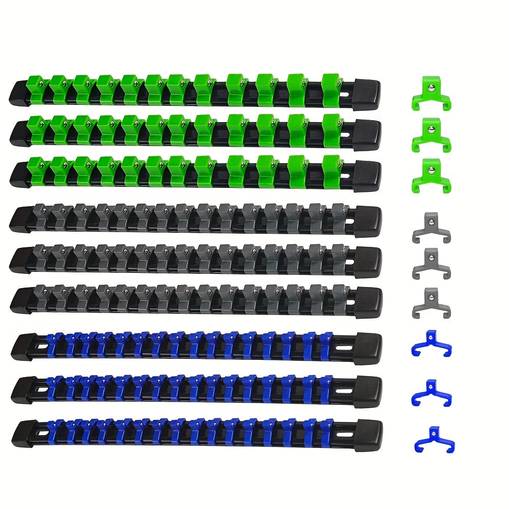 Socket Organizer Set with Rails – Heavy Duty ABS Socket Holder Rack for 1/4", 3/8" & 1/2" Drive – Tool Storage Kit for Toolbox, Garage & Workshop Organization (6, 9 or 18 Piece)