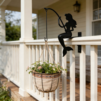 Mermaid Wall Planter Bracket with 9.05-Inch Silhouette, Hanging Hook and Black Metal-Look Finish