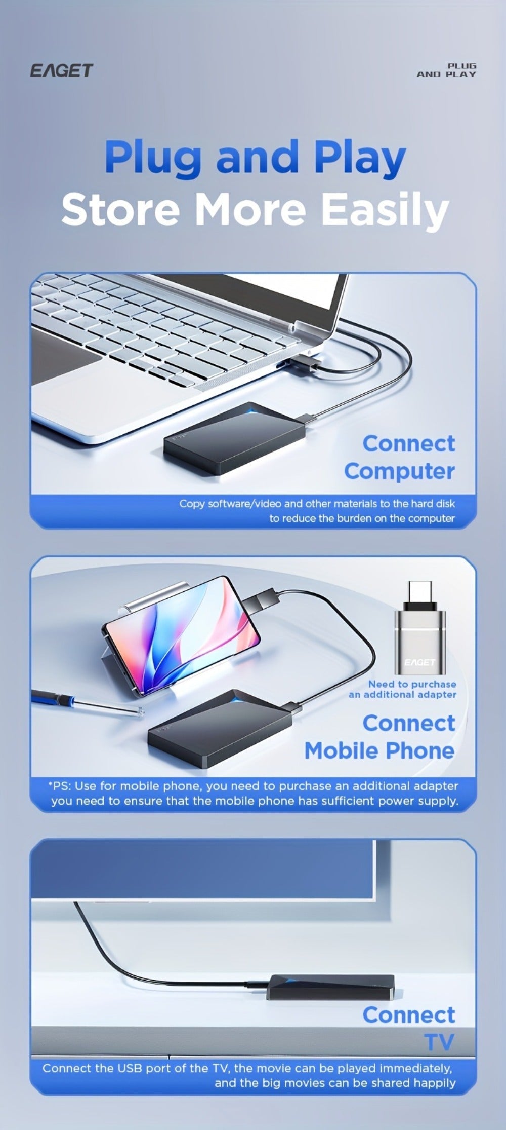 Portable External Hard Drive USB 3.0 High-Speed Mechanical HDD Mobile Backup Storage Plug & Play for PC Desktop MacBook PS4 Xbox Smart TV – EAGET Compact Travel Hard Disk