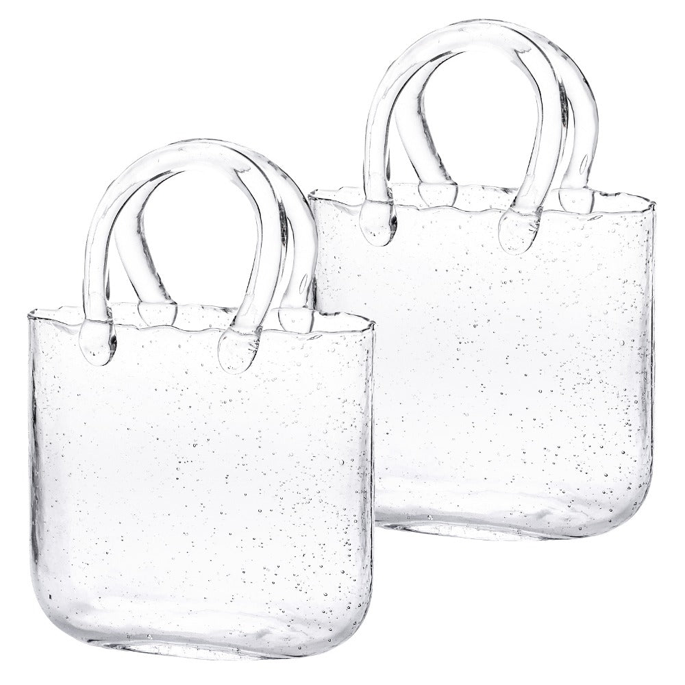 Clear Bubble Glass Purse Vase with Handbag Handles, 1- or 2-Piece Set and 10.4-Inch Height