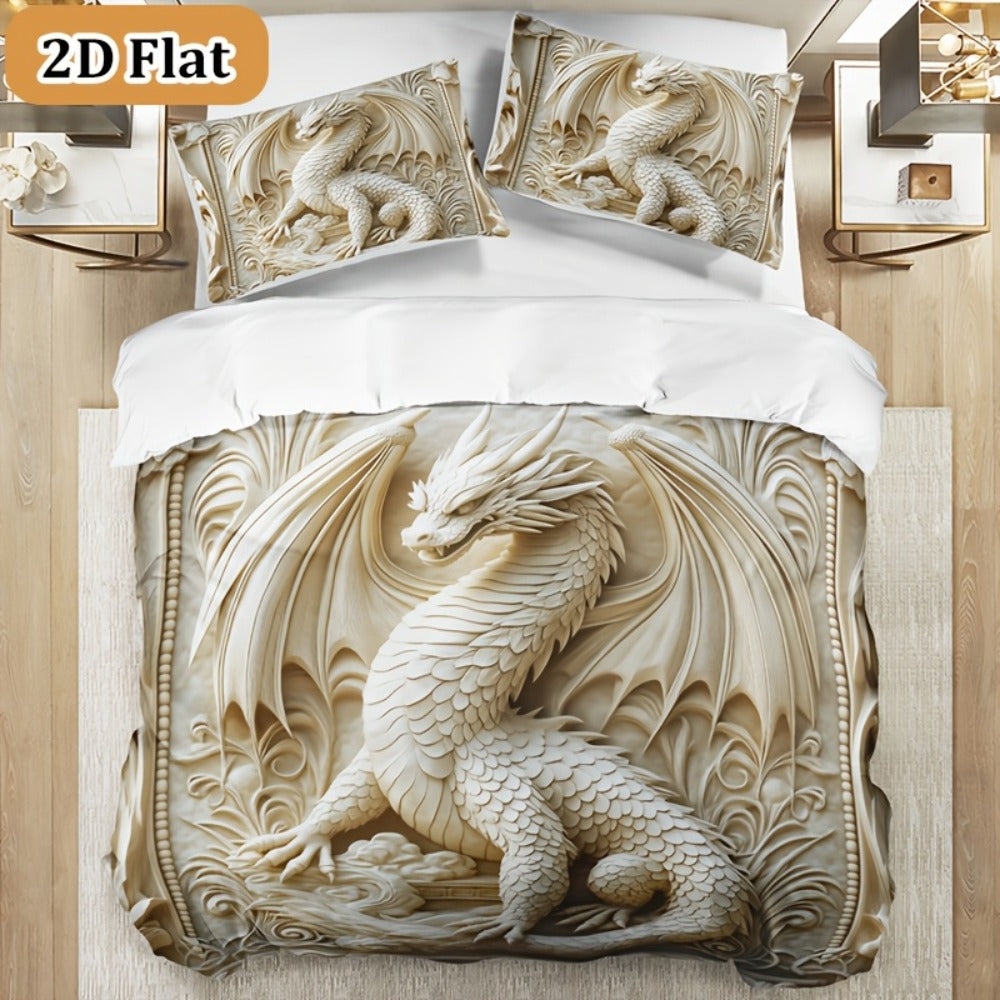 3-Piece Duvet Cover Set with Ivory Coiled Dragon Print, Ornate Carved-Look Artwork and Four Sizes