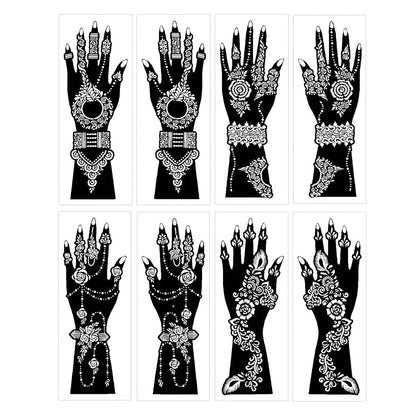 Eight-Piece Hand Tattoo Stencil Set with Long Henna-Style Floral Patterns in SM012 or SM013