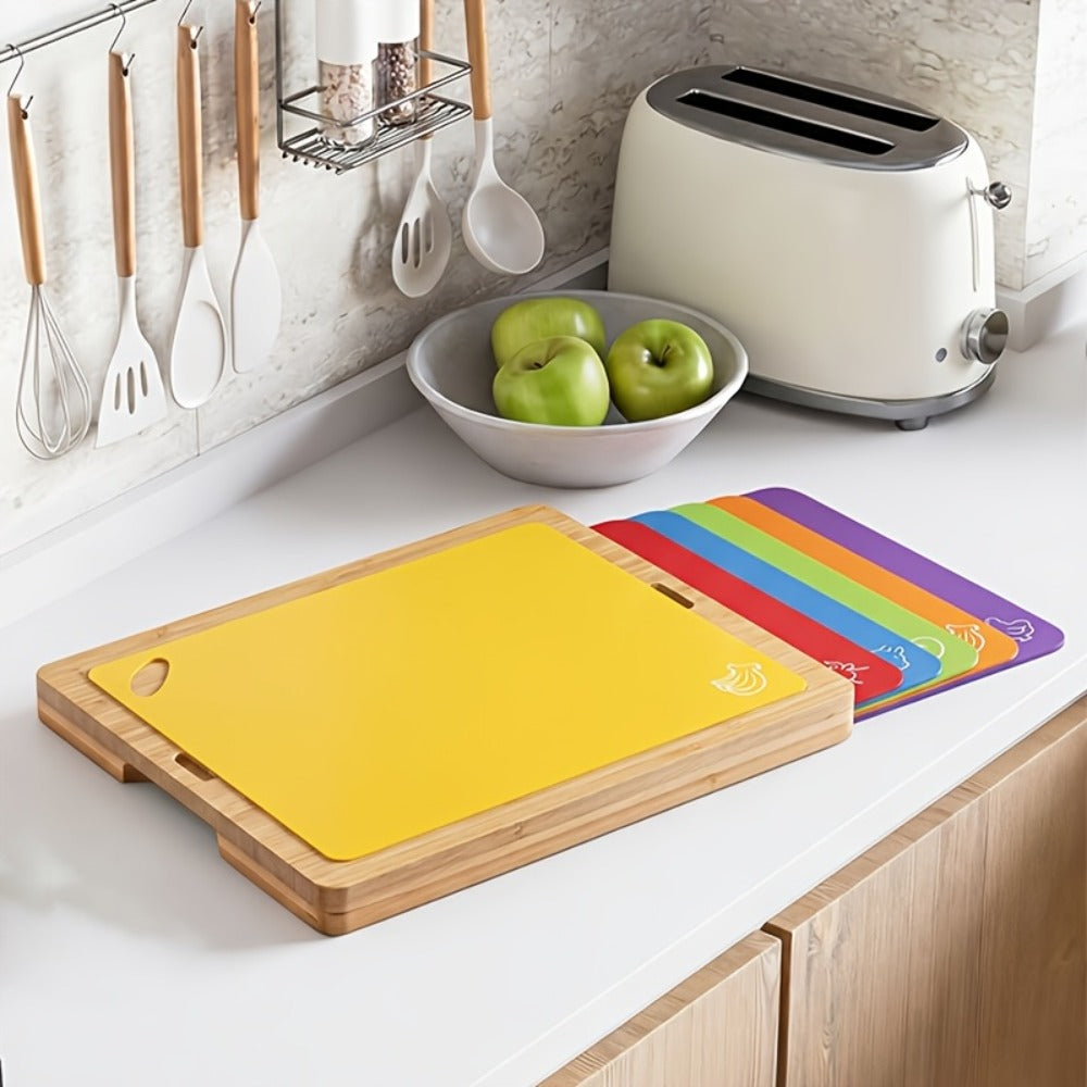 Bamboo Cutting Board Set with Six Color-Coded Flexible Prep Mats and One-Piece or Seven-Piece Options