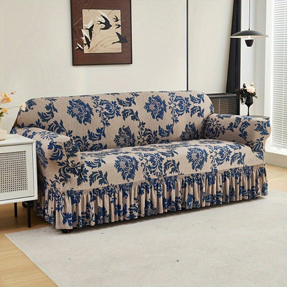 Sofa Slipcover, Dark Blue Stretch Cover with Ruffle Skirt, Fixed Rod and One-to-Four-Seat Options