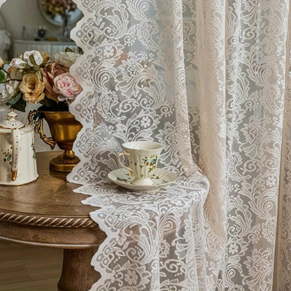 Floral Phoenix-Tail Lace Curtain Panel with Rod-Pocket Header, Three Colors and Four Length Options