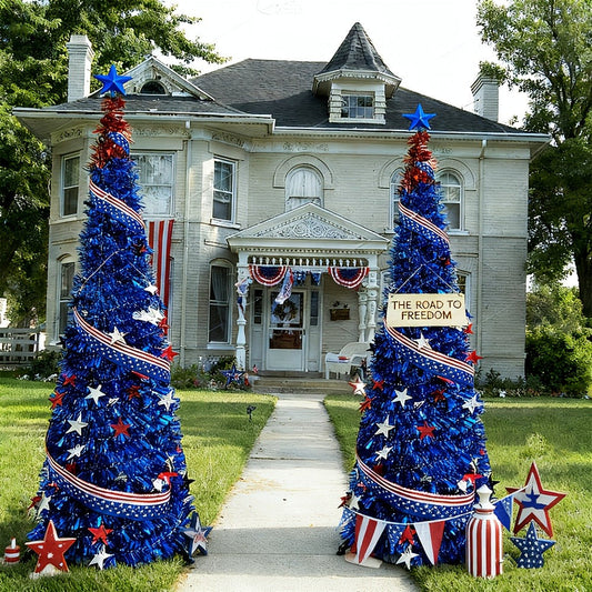 4th of July Decorative Tree 5ft LED Light, Foldable Patriotic Stars & Stripes Blue Christmas Tree with Red White Blue LED String Lights, Independence Day Party Decoration & Summer Gift