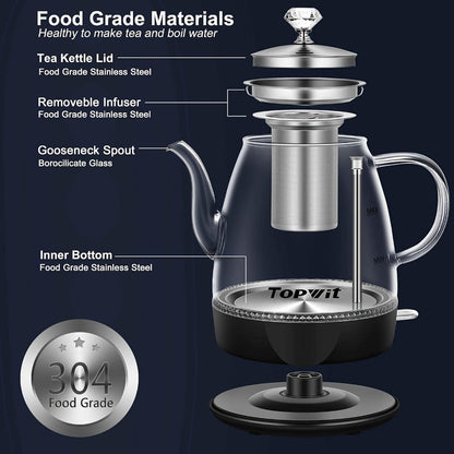 Electric Kettle by TOPWIT, 1L Glass Teapot with Removable Stainless Steel Infuser and Detachable Heating Base
