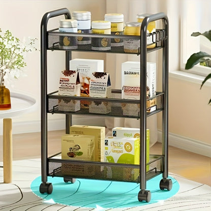 Three-, Four- or Five-Tier Black Carbon Steel Rolling Storage Cart with Detachable Wire Baskets