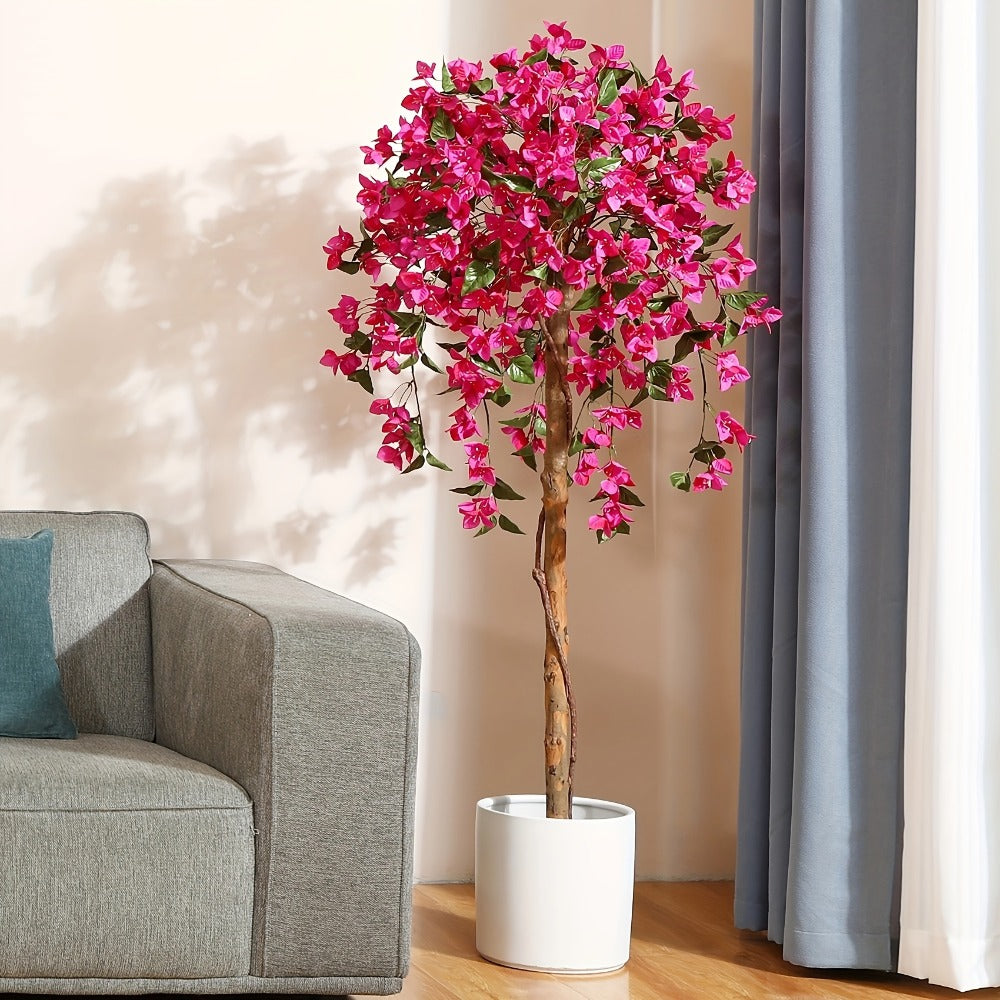 Faux Potted Bougainvillea Tree 5ft Artificial Indoor Plant with Pink Flowers Wood Trunk for Living Room Office Entryway Home Decor Housewarming Gift