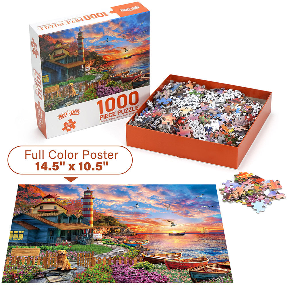 Adult Jigsaw Puzzle Three-Pack with Three 1000-Piece Designs: Sunset Lighthouse, Bird Crochet and Moroccan Pottery