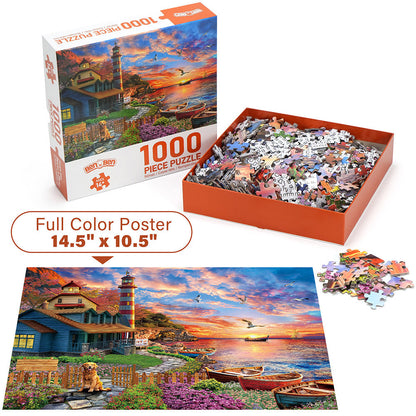 Adult Jigsaw Puzzle Three-Pack with Three 1000-Piece Designs: Sunset Lighthouse, Bird Crochet and Moroccan Pottery