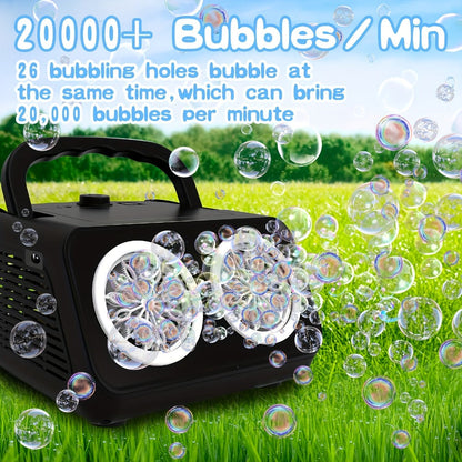 Automatic Bubble Machine with 2 Fans, 20000+ Bubbles Per Minute – Electric Bubble Blower for Kids, Battery Powered, Includes 10x Bubble Solution, Outdoor Party Toy for Birthdays & Summer Fun