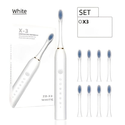 Electric Toothbrush Set with Eight Brush Heads, USB Charging, Soft Bristles and Pink, White or Black Handle