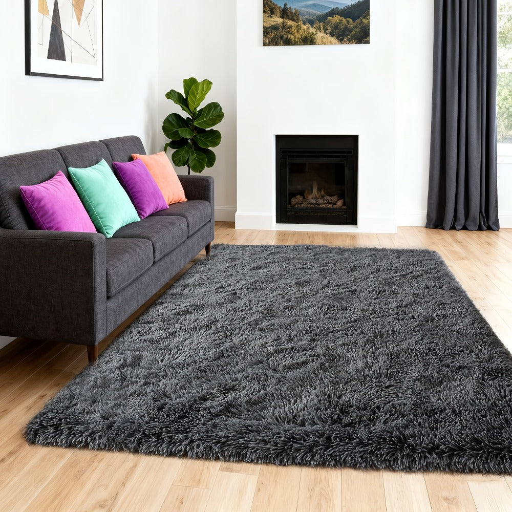 Area Rug, 4x6 Foot High-Pile Shaggy Indoor Carpet in Blue or Tie-Dye Rainbow Purple Color Options