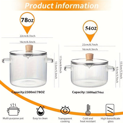 Glass Saucepan Set 2-Pack Stovetop Safe Borosilicate Ribbed Pots with Lids – 78oz & 54oz Heat Resistant Cookware for Soup, Ramen, Milk | Transparent Glass Pot Kitchen Cooking Set with Baking Mat