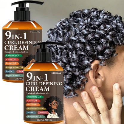 9-in-1 Curl Defining Cream by SUMVX in a Two-Pack of 280ml Pump Bottles with Seven Front-Label Ingredients