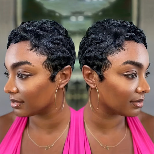 Brazilian Deep Wave Pixie Cut Human Hair Wig with Bangs 150% Density Glueless Rose Net Cap Short Layered Natural Black Wig for Women Daily Party All Occasions