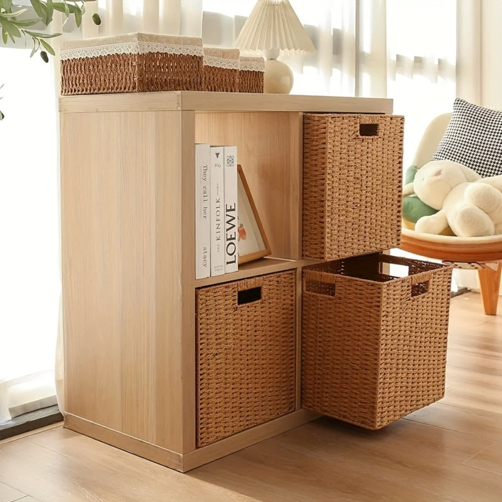 Square Woven Cube Storage Basket, 27cm on Each Side with Frame and Cutout Handles in One- or Four-Packs