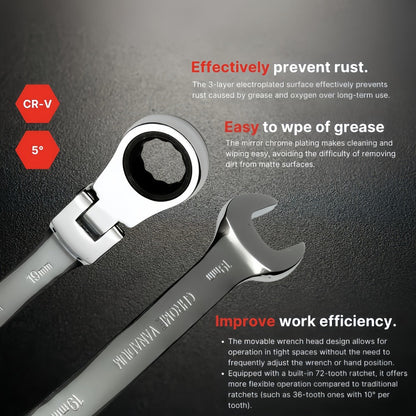 Six-Piece Double-Ended Ratchet Wrench Set with 8–17 mm Metric Sizes, 72-Tooth Heads and Storage Bag