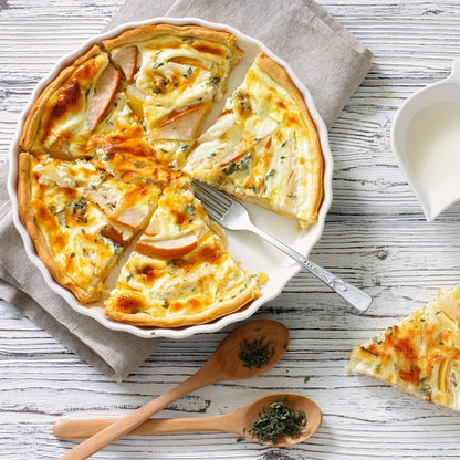 Two-Piece 9.5 Inch Ceramic Quiche Pan Set with Fluted Edges in Blue, White or Red for Pies and Tarts