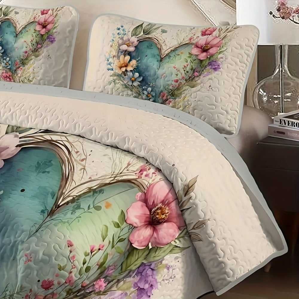 Watercolor Floral Quilt Set with Botanical Heart Print in Polychrome Twin, Full/Queen or King Sizes