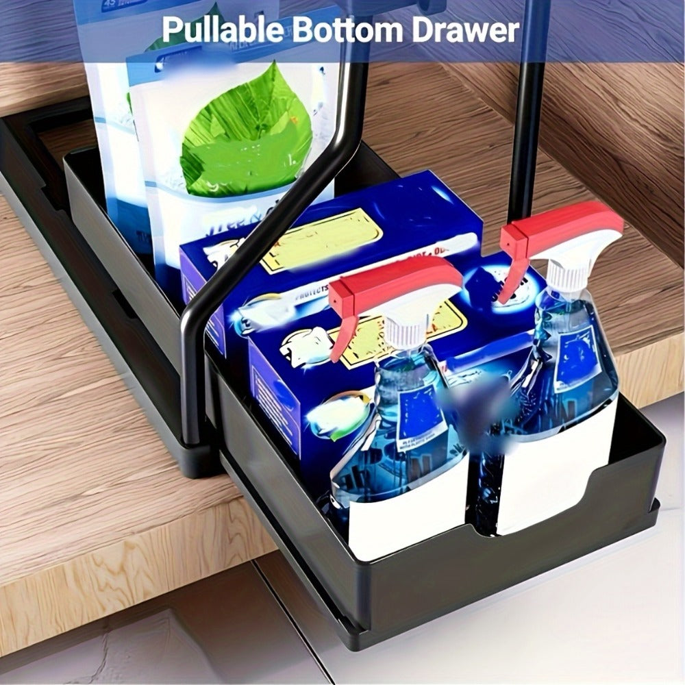 Two-Tier Under-Sink Organizer with Lower Sliding Basket, Four Removable Hooks and One Hanging Cup