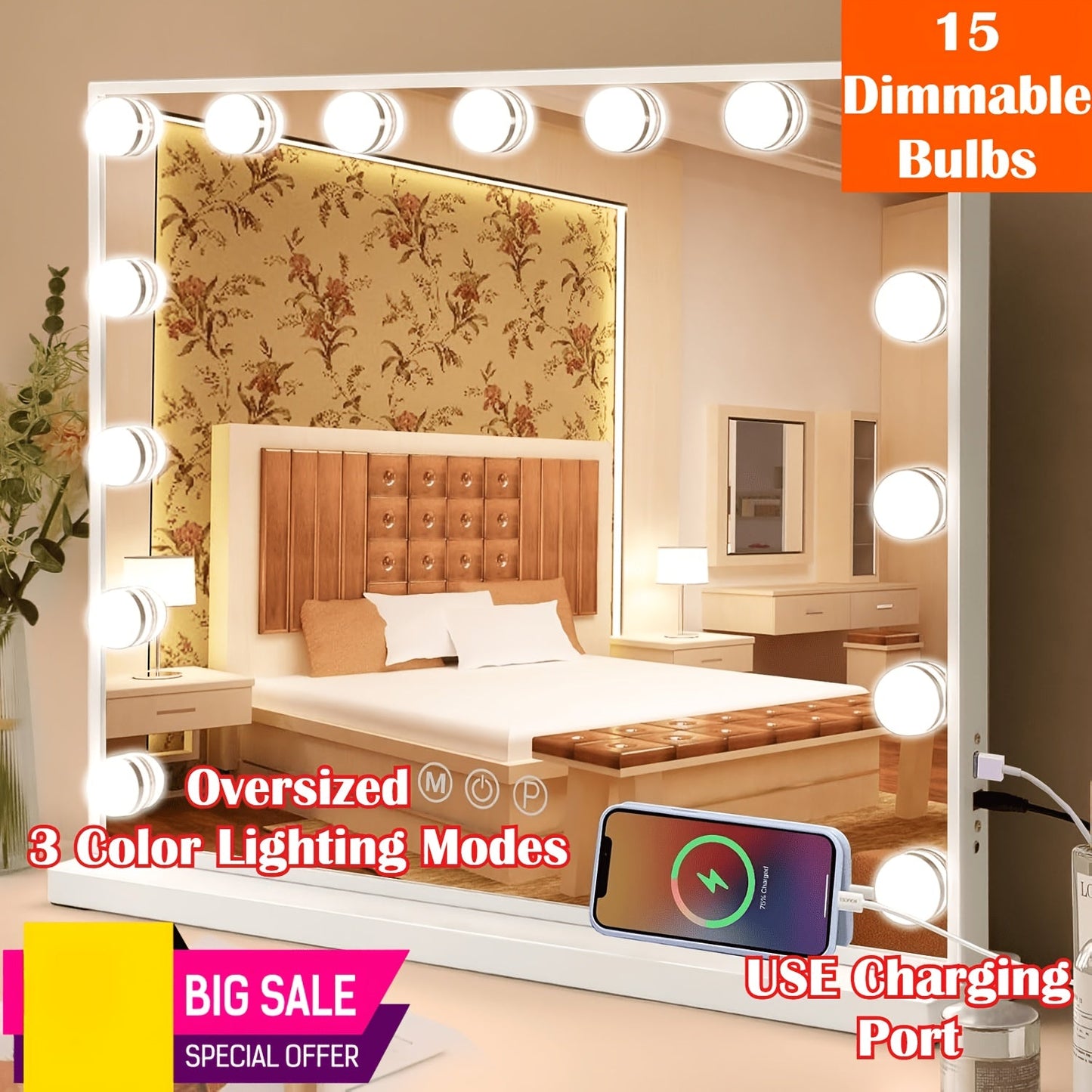 Hollywood Vanity Mirror with Lights – 15 LED Bulbs, 3 Color Modes, Dimmable Brightness, 23x18 Inch, USB & Type-C Charging, Touch Control, Desk & Wall Mount, Metal Frame Makeup Mirror